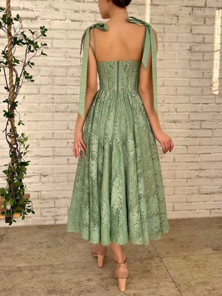 Sweetheart Neck Green Lace Tea Length Prom Dresses, Green Lace Tea Length Formal Evening Graduation Dresses