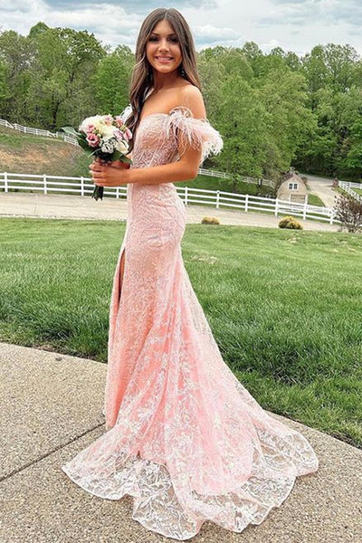 Off Shoulder Mermaid Pink Lace Long Prom Dresses, Off the Shoulder Lace Pink Mermaid Formal Evening Dresses