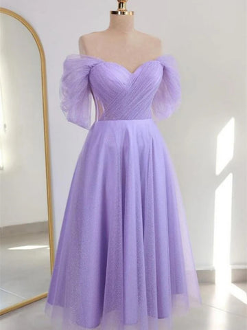 Shiny Off the Shoulder Light Blue/Lilac Tulle Tea Length Prom Dresses, Off Shoulder Light Blue/Lilac Tea Length Tulle Formal Graduation Evening Dresses