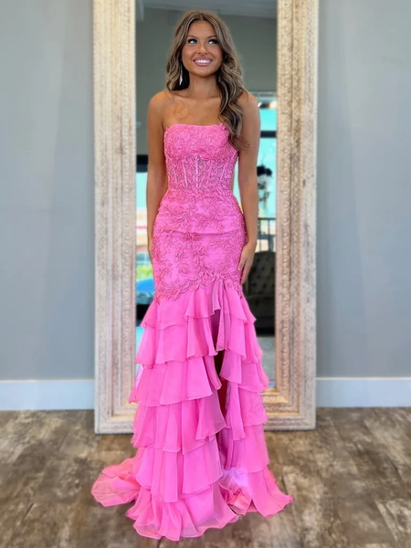 Hot Pink Strapless Fitted Mermaid Tiered Ruffled Prom Dresses, Mermaid Lace Tiered Ruffled Formal Evening Dresses