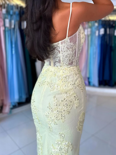 Sweetheart Neck Yellow Mermaid Lace Prom Dresses, Sweetheart Neck Mermaid Lace Yellow Formal Evening Dresses