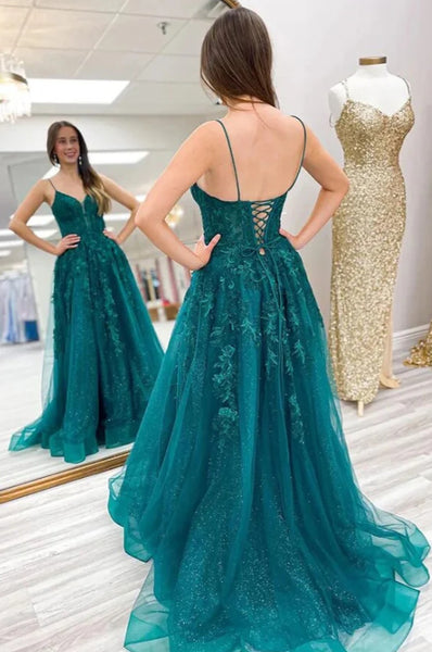 Sparkly Emerald Green Lace Long Prom Dresses ,A Line Spaghetti Straps Emerald Green Lace Formal Evening Dresses