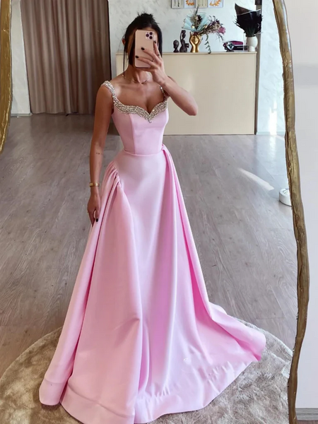 Simple  Pink Beaded A Line Satin Long Prom Dresses ,  Pink Long Formal Evening Graduation Dresses