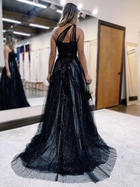 One Shoulder Black Lace Prom Dresses, One Shoulder Black Lace Formal Evening Dresses