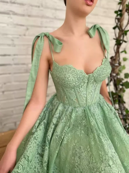 Sweetheart Neck Green Lace Tea Length Prom Dresses, Green Lace Tea Length Formal Evening Graduation Dresses