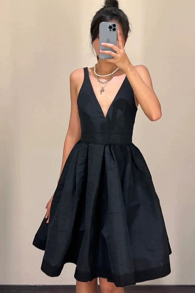 V Neck Black Backless Satin Short Prom Dresses, Open Back V Neck Short Black Formal Evening Homecoming Graduation Dresses