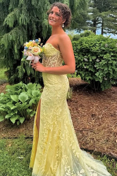 Strapless Sweetheart Neck Mermaid Yellow Lace Long Prom Dresses with Slit, Mermaid Yellow Formal Graduation Evening Dresses