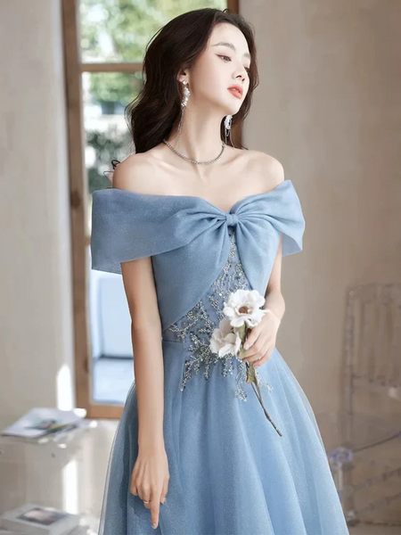 Off Shoulder Blue Beaded Long Prom Dresses, Off the Shoulder Blue Beaded Long Formal Evening Dresses