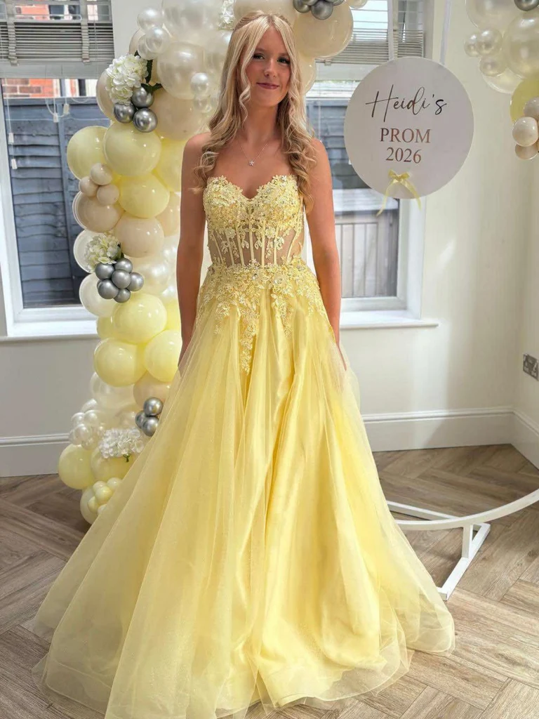 A Line Strapless Yellow Lace Long Prom Dresses, Yellow Lace Tulle Evening Formal Dresses