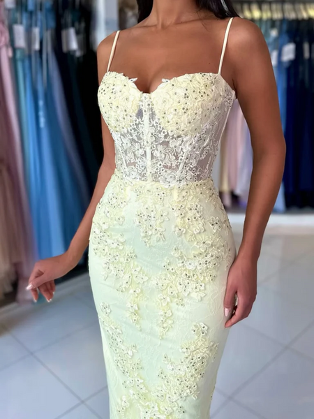 Sweetheart Neck Yellow Mermaid Lace Prom Dresses, Sweetheart Neck Mermaid Lace Yellow Formal Evening Dresses