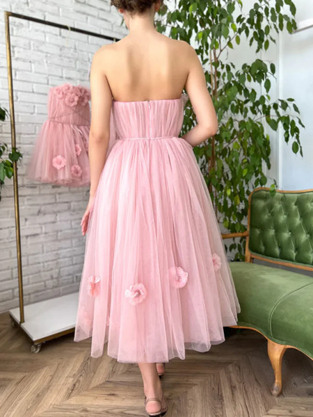 Strapless Pink Floral Tulle Tea Length Prom Dresses with 3D Flowers, Strapless Pink Floral Tea Length Formal Graduation Evening Homecoming Dresses