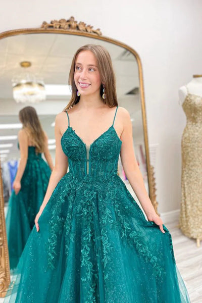 V Neck Green Lace Tulle Long Prom Dresses, V Neck Green Lace Tulle Long Formal  Evening Dresses