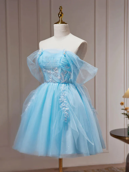 A Line Blue Tulle Short Beaded Prom Dresses, Short Blue Graduation Homecoming Evening Dresses