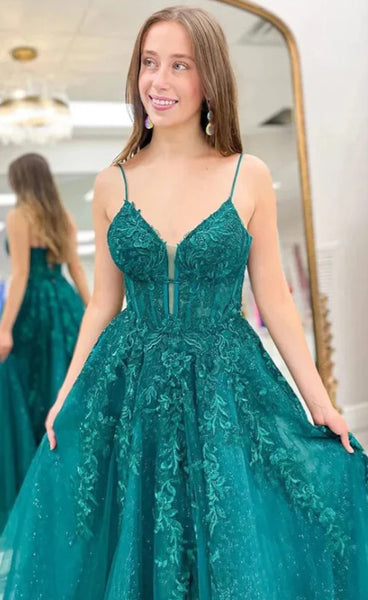 Sparkly Emerald Green Lace Long Prom Dresses ,A Line Spaghetti Straps Emerald Green Lace Formal Evening Dresses