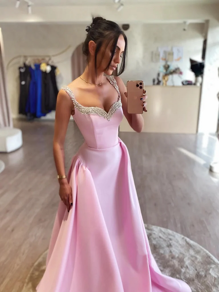 Simple  Pink Beaded A Line Satin Long Prom Dresses ,  Pink Long Formal Evening Graduation Dresses