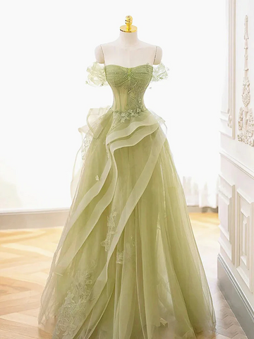 Off  Shoulder Green Tulle Beaded Long  Prom Dresses, Off the Shoulder Green Tulle Long  Formal Evening Dresses