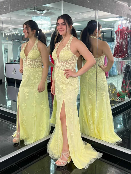 Halter V Neck Open Back Mermaid Yellow Lace Long Prom Dresses with High Slit,  Mermaid Yellow Lace Formal Evening Dresses