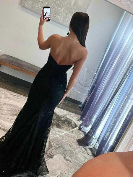 Strapless Mermaid Black Lace Long Prom Dresses, Mermaid Black Lace Formal Evening Dresses