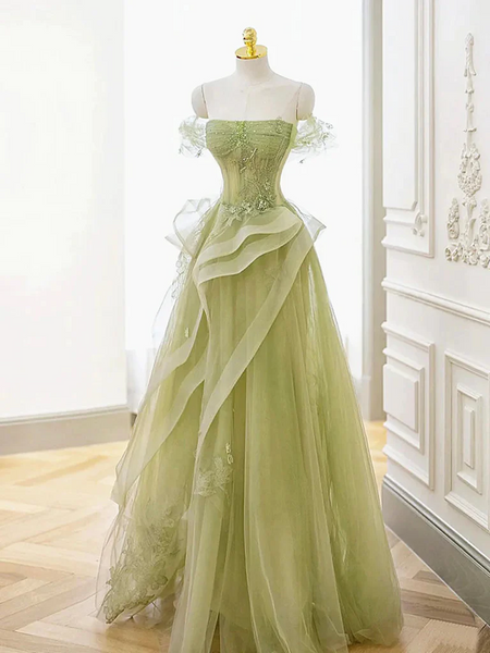 Off  Shoulder Green Tulle Beaded Long  Prom Dresses, Off the Shoulder Green Tulle Long  Formal Evening Dresses