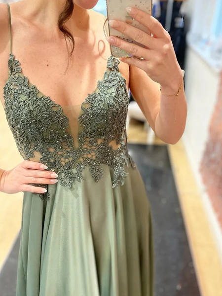 V Neck Dark Green Lace Long Prom Dresses, Dark Green Long Lace Formal Evening Dresses