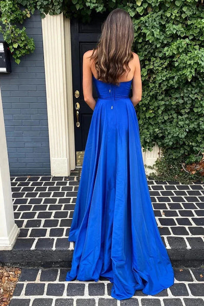 Simple A Line Deep V Neck Royal Blue Long Prom Dresses with Split , Royal Blue V Neck Satin Long Formal Evening Dresses