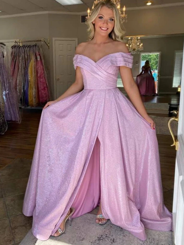 Long Pink Off Shoulder Prom Dresses with Leg Slit, Off The Shoulder Pink Long  Formal  Evening Graduation Dresses