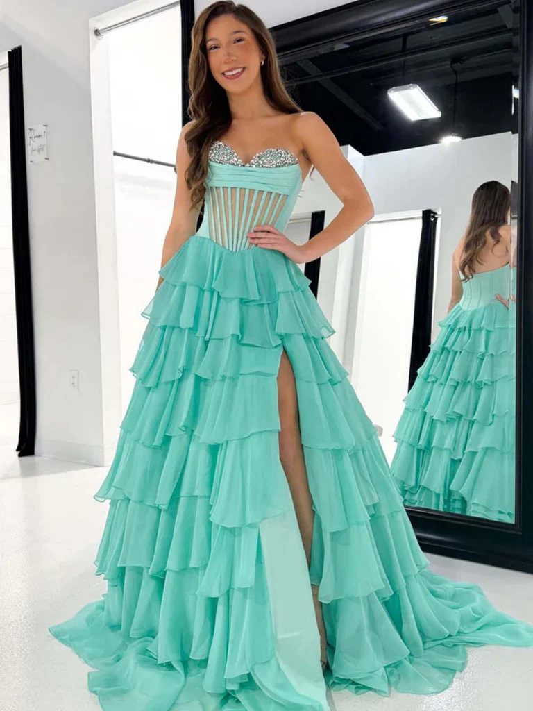 Strapless Beaded Green Sheer Layered Long Prom Dresses, Sheer Green Layered Formal Evening Dresses