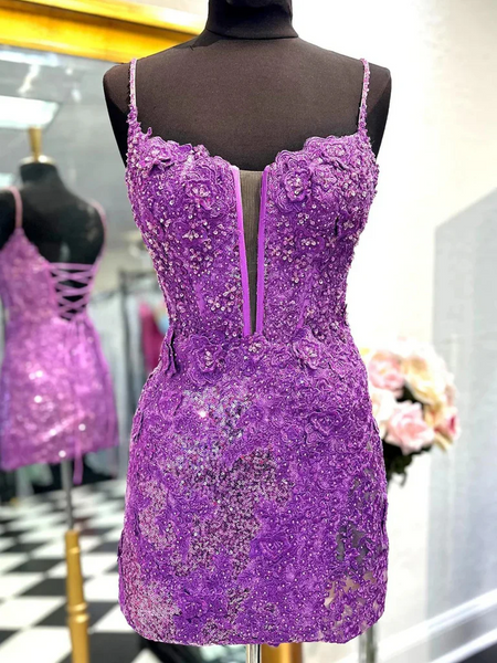 V Neck Sequins Backless Purple Lace Prom Dresses, Sequins Purple Lace Short Formal Evening Homecoming Dresses