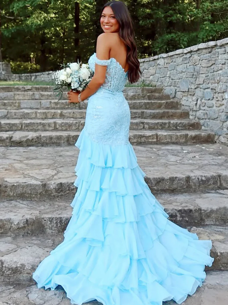 Off the Shoulder Light Blue Lace Long Prom Dresses with Slit,  Off Shoulder Light Blue Lace Formal Evening Dresses