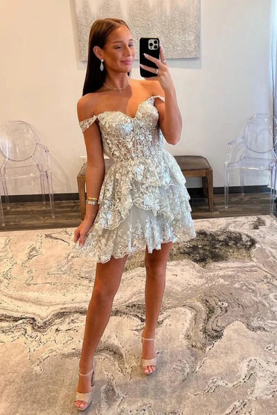 Off the Shoulder Silver Lace Short Prom Dresses, Fashion Silver Lace Layered Formal Evening Homecoming Dresses