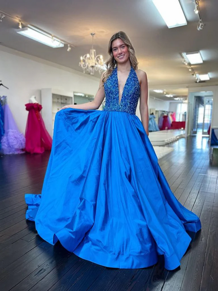 Halter V Neck Backless Blue Long Prom Dresses, V Neck Open Back Blue Formal Graduation Evening Dresses