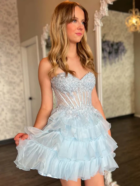 Short Strapless Pink Blue Layered Lace Long Prom Dresses, Short Lace Formal Graduation Evening Dresses