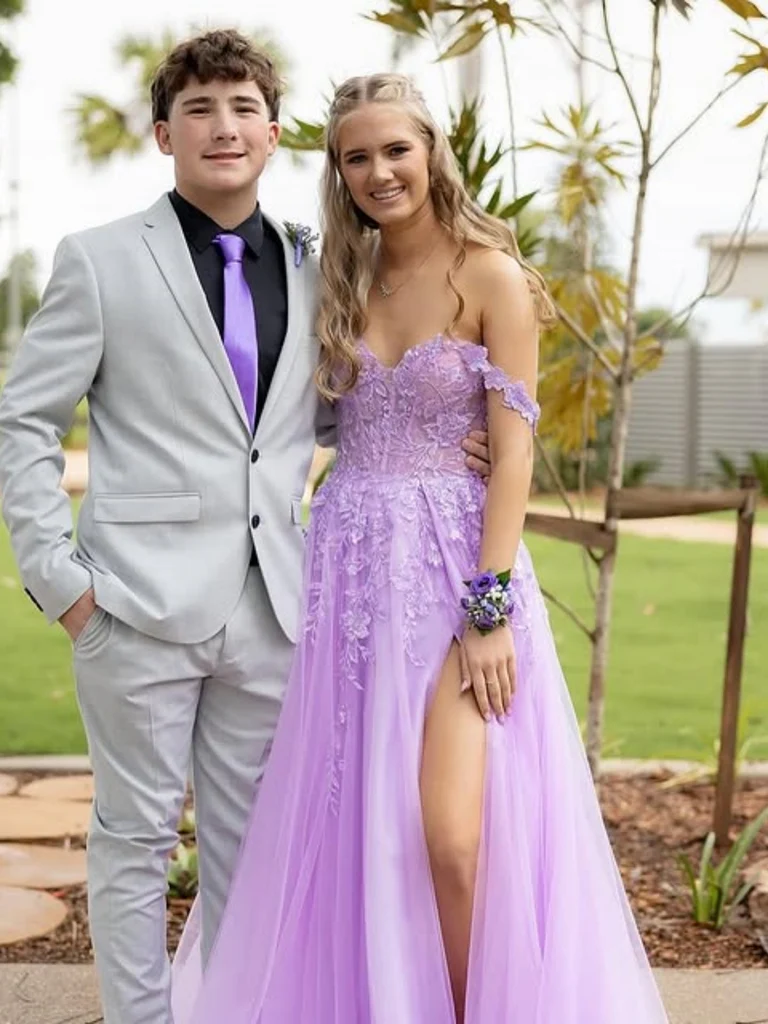 Off the Shoulder Lilac Lace Long Prom Dresses with High Slit, Off Shoulder Lilac Lace Formal Evening Dresses
