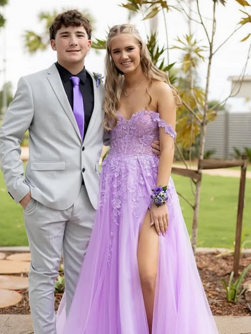 Off the Shoulder Lilac Lace Long Prom Dresses with High Slit, Off Shoulder Lilac Lace Formal Evening Dresses