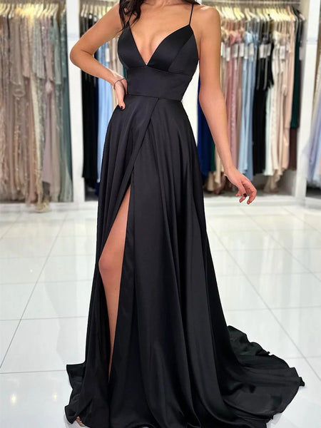 V Neck Backless Black Satin Long Prom Dresses, V Neck Backless Black Satin Long Evening Party Dresses