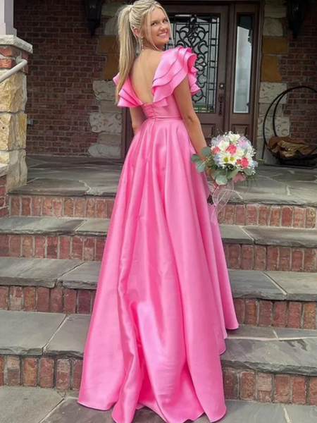 Hot Pink Cap Sleeves Satin Long Prom Dresses with High Slit, Hot Pink Satin Long Formal  Evening Graduation Dresses