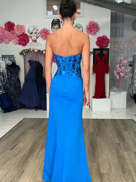 Strapless Blue Red Mermaid Long Prom Dresses, Blue Red Mermaid Long Formal Evening Dresses