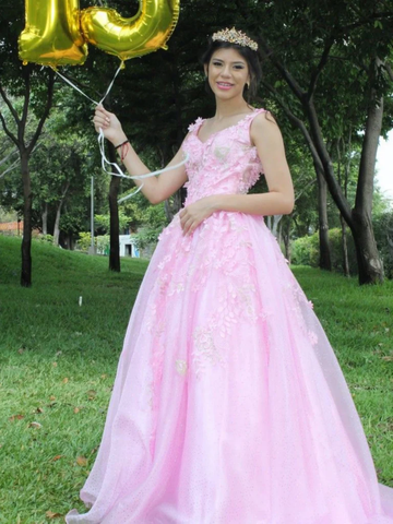 A Line V Neck Open Back Pink Lace Long Prom Dresses, Pink Lace Formal Evening Dresses