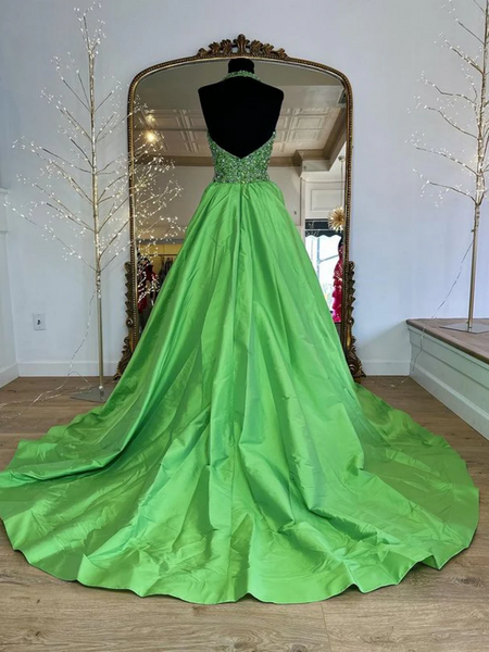 Halter V Neck Backless Beaded Green Long Prom Dresses with Sequins, Green Satin Long Formal Graduation Evening Dresses