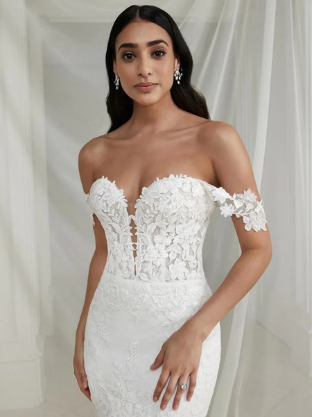 Off the Shoulder Mermaid White Lace Long Prom Dresses, Mermaid White Wedding Dresses, White Lace Formal Evening Dresses
