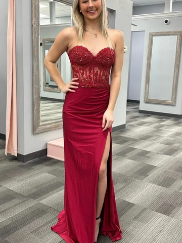 Strapless Mermaid Beaded Burgundy Lace Long Prom Dresses with High Slit, Sweetheart Neck Mermaid Burgundy Lace Formal Evening Dresses