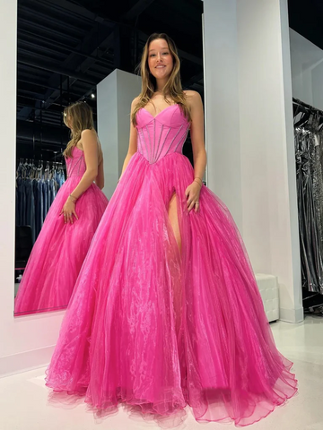 Strapless Hot Pink Tulle Long Prom Dresses with High Slit, A Line Long Hot Pink Formal  Evening Graduation Dresses