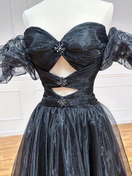 Off The Shoulder Black Tulle Long Prom Dresses , A Line Beading Black Formal Evening Dresses