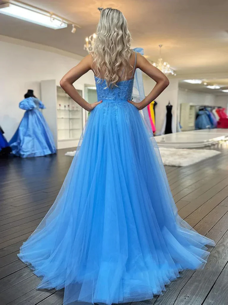 One Shoulder Blue Lace Long Prom Dresses with High Slit,  One Shoulder Blue Formal Evening Dresses