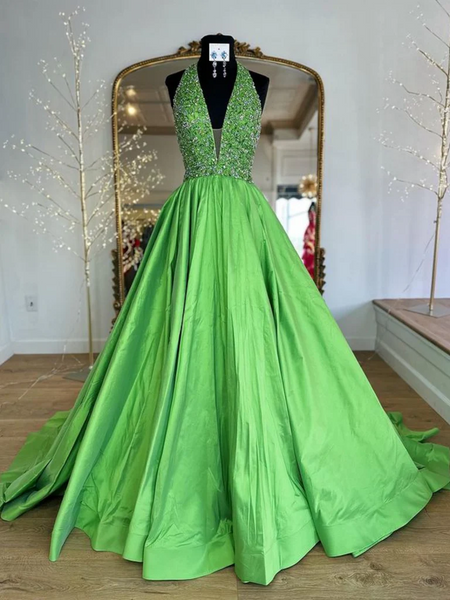 Halter V Neck Backless Beaded Green Long Prom Dresses with Sequins, Green Satin Long Formal Graduation Evening Dresses