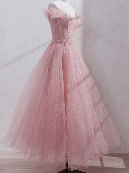 Off Shoulder Sequin Pink Tulle Long Prom Dresses, Pink Off The Shoulder Formal Evening Dresses