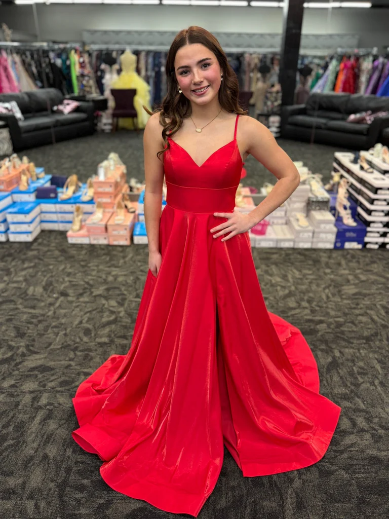 Simple A Line V Neck Red Satin Long Prom Dresses, Long Red Formal Graduation Evening Dresses