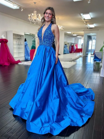 Halter V Neck Backless Blue Long Prom Dresses, V Neck Open Back Blue Formal Graduation Evening Dresses