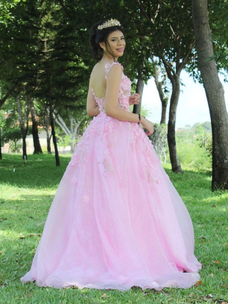 A Line V Neck Open Back Pink Lace Long Prom Dresses, Pink Lace Formal Evening Dresses