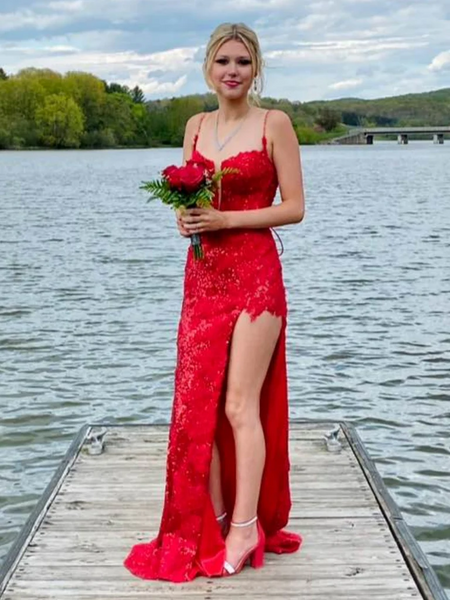 Open Back V Neck Red Lace Sequins Long Prom Dresses, Sequins Red Lace Formal Evening Dresses with Leg Slit